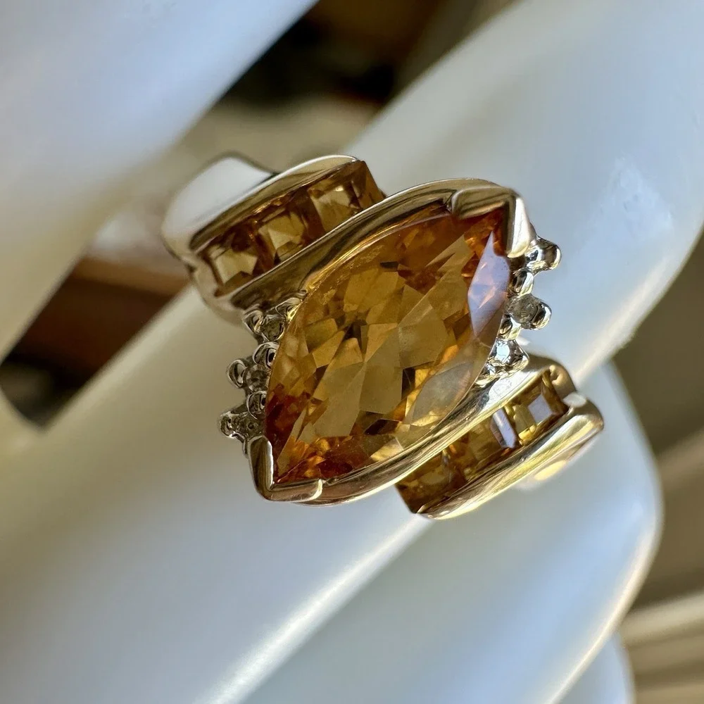 LGL Leer Gem Accent Ring 10K Yellow Gold Size 8 Citrine Quartz 2 Diamonds 3.2g